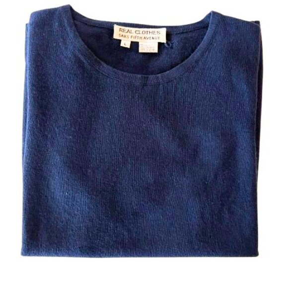 Saks Fifth Avenue “Real Clothes” Navy Cashmere Silk Sweater Large — Short Sleeve - Picture 2 of 13